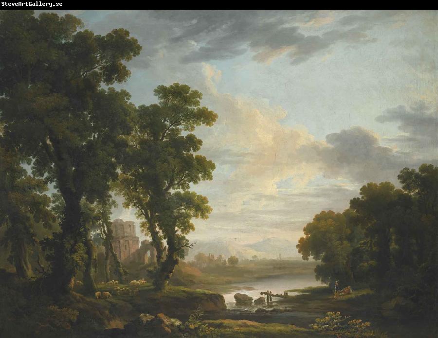 George Barret An extensive wooded river landscape with shepherds recicling in the foreground and ruins beyond